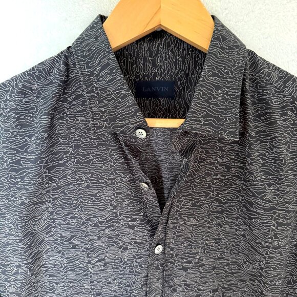size 43/17 Lanvin Mens Long Sleeve Button-Up Shirt Abstract Pattern Black & Whit - Picture 2 of 7